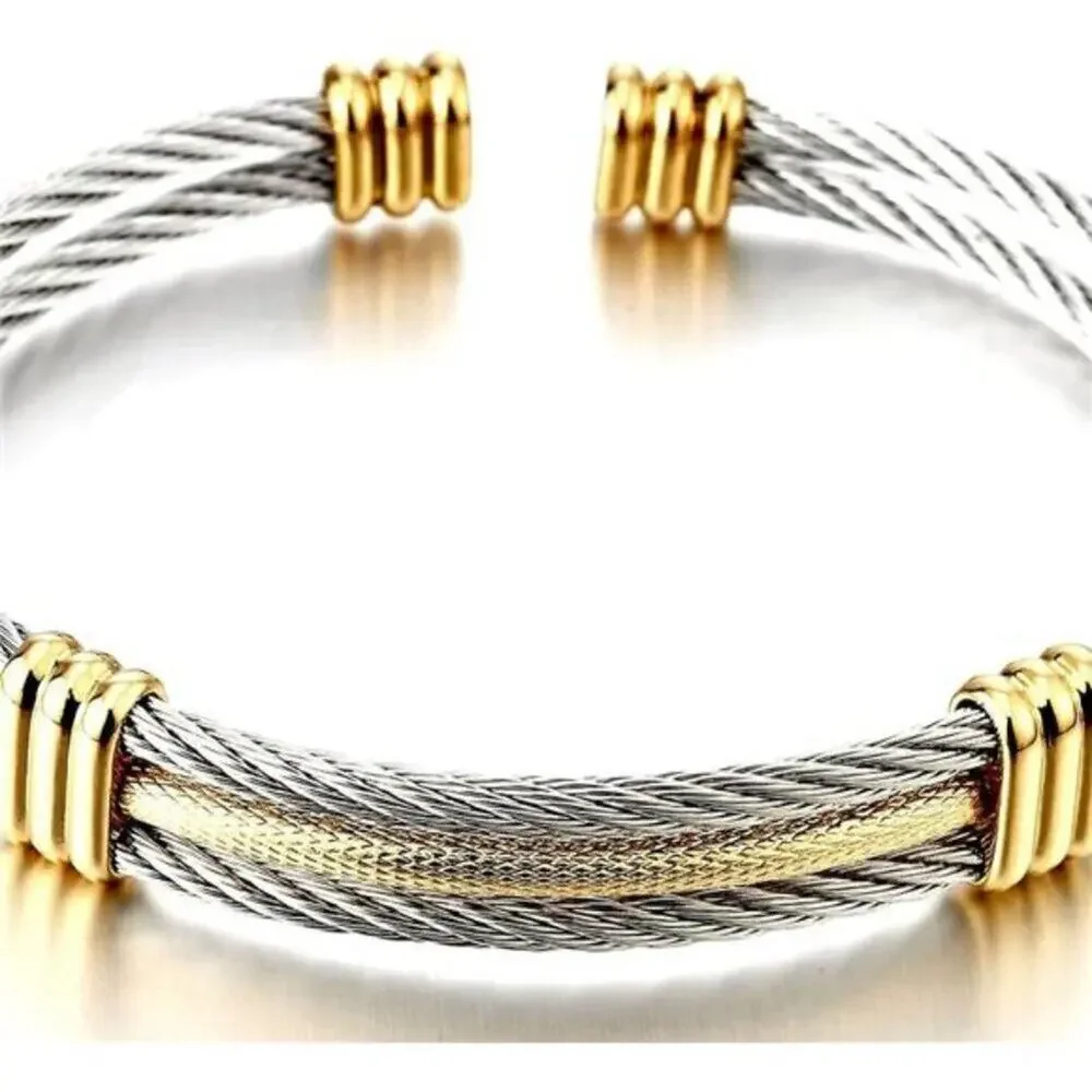 Stainless Steel Twisted Cable Cuff – Adjustable Bracelet for Men & Women